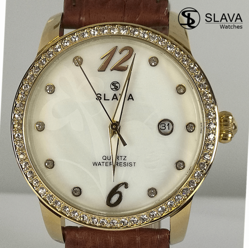 Dámské elegantní hodinky SLAVA s kamínky SWAROVSKI s květinami v ciferníku