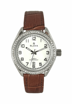 Dámské elegantní hodinky SLAVA s kamínky SWAROWSKI a hnědým řemínkem