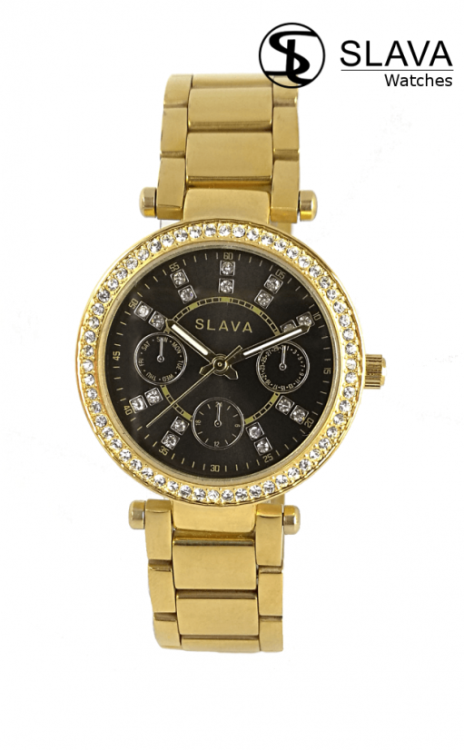 Dámské černo-zlaté hodinky SLAVA vykládané kamínky Swarovski