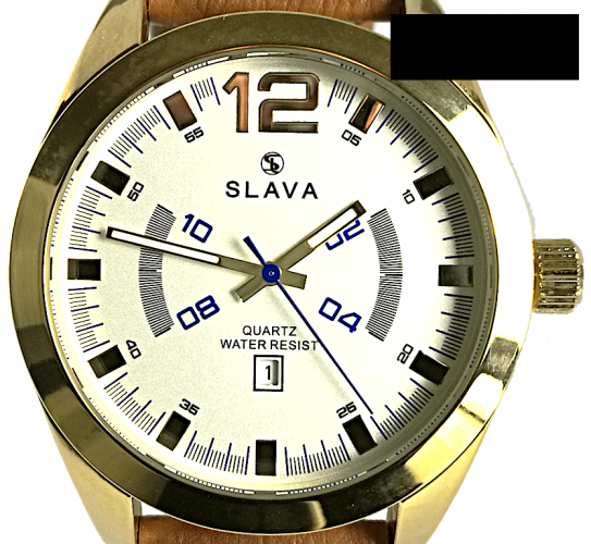 Pánské masivní hodinky SLAVA s hořčičně-hnědým textilním řemínkem