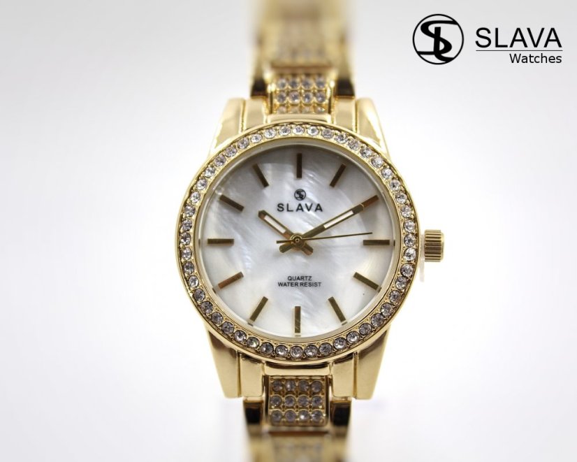 Dámské zlaté hodinky SLAVA vykládané kamínky Swarovski s bílým ciferníkem SLAVA 10065