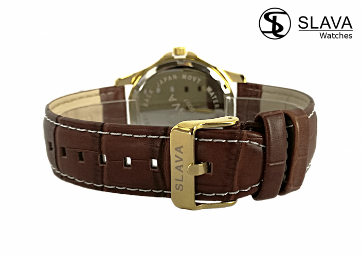 Pánské zlato-hnědé elegantní hodinky SLAVA se stříbrným ciferníkem