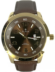 Pánské masivní hodinky SLAVA černo-zlaté s ciferníkem 49 mm a hnědým řemínkem