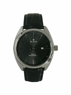 Pánské černo-stříbrné elegantní hodinky SLAVA s černým ciferníkem