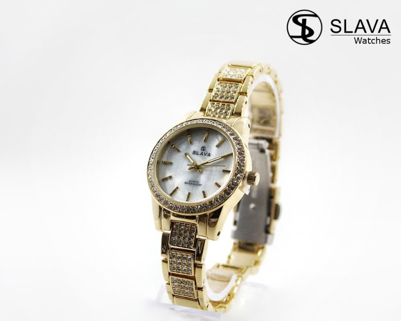 Dámské zlaté hodinky SLAVA vykládané kamínky Swarovski s bílým ciferníkem SLAVA 10065