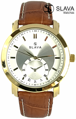 Pánské hnědo-zlaté hodinky SLAVA se dvěma ciferníky
