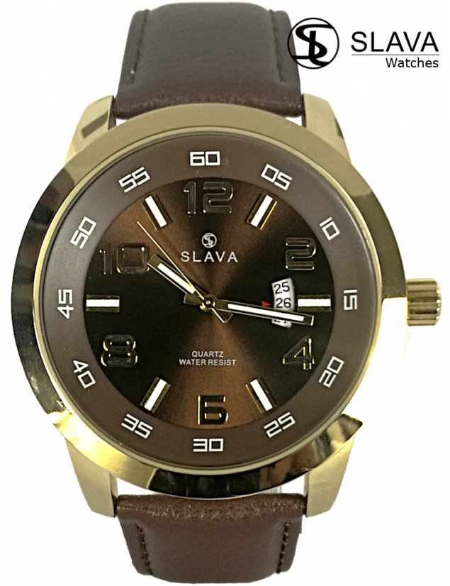 Pánské masivní hodinky SLAVA černo-zlaté s ciferníkem 49 mm a hnědým řemínkem