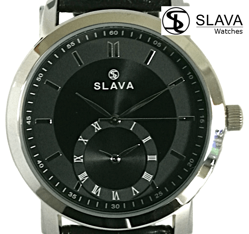 Pánské černé hodinky SLAVA s dvěma ciferníky