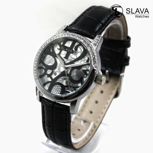 Dámské černé hodinky ve stříbrném pouzdře s retro ciferníkem SLAVA 10081