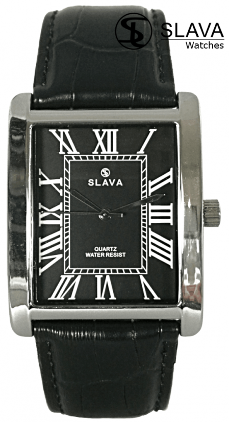 Pánské černo-stříbrné elegantní hodinky SLAVA obdélníkové pouzdro