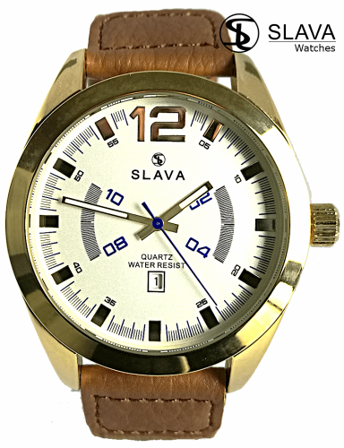 Pánské masivní hodinky SLAVA s hořčičně-hnědým textilním řemínkem