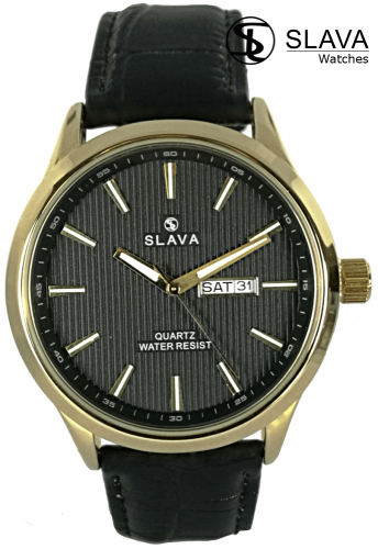 Pánské černé elegantní hodinky SLAVA řemínek s imitací krokodýlí kůže