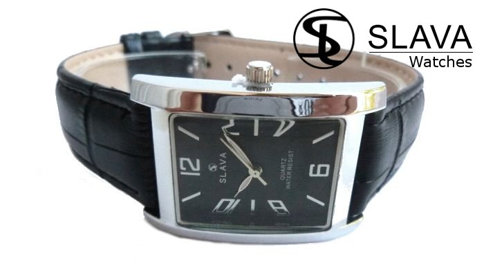 Dámské černé hodinky s obdélníkovým pouzdrem SLAVA