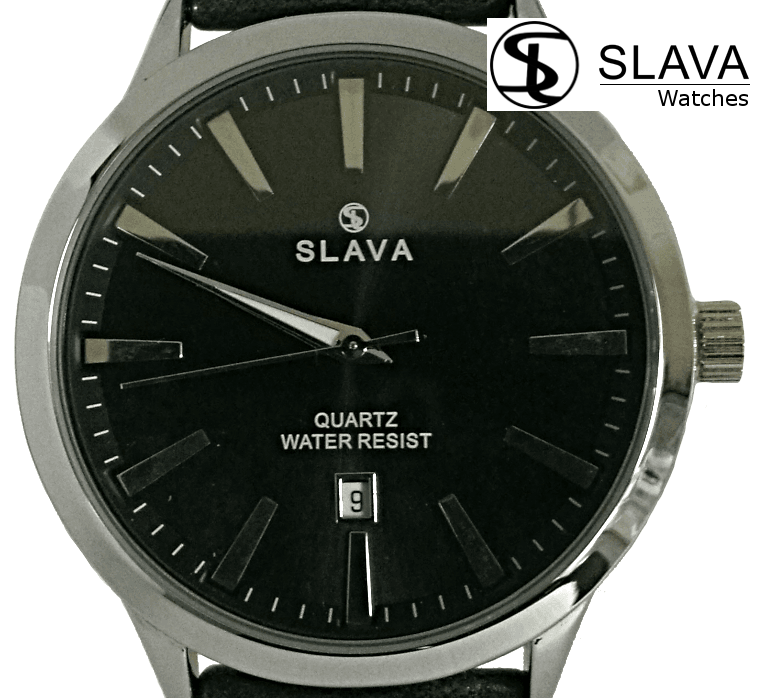 Pánské černé elegantní hodinky SLAVA se stříbrným ciferníkem