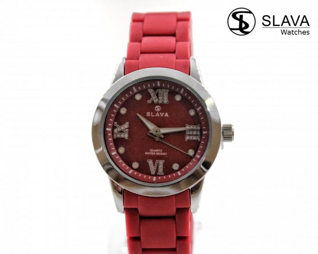 Dámské červené hodinky SLAVA s římskými číslicemi z kamínků SLAVA 10139