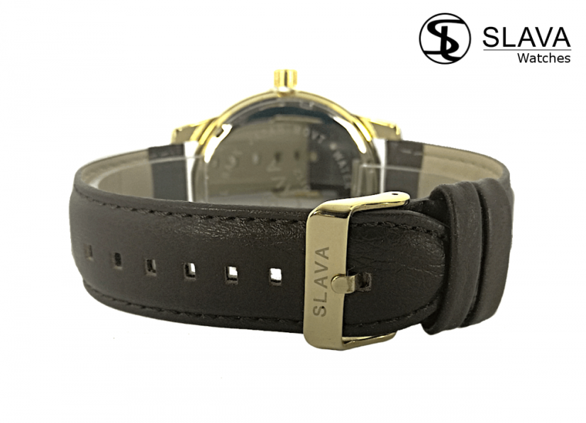 Pánské masivní hodinky SLAVA černo-zlaté s ciferníkem 49 mm a hnědým řemínkem