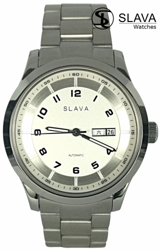 Pánské stříbrné automatické hodinky SLAVA se stříbrným ciferníkem