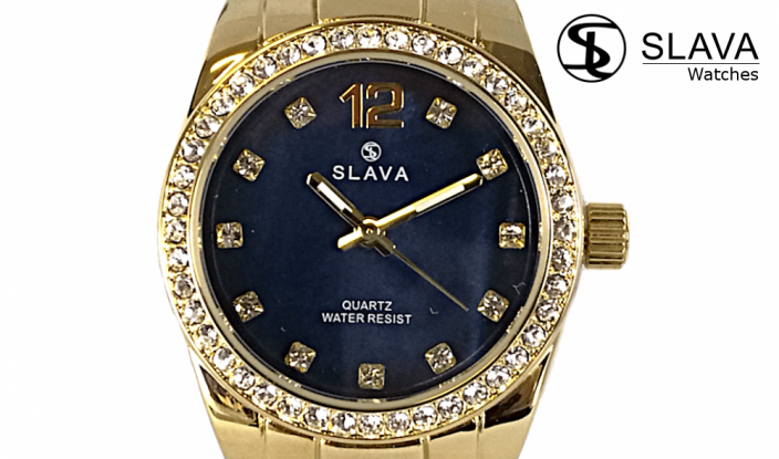 Dámské zlaté ocelové hodinky SLAVA s kamínky SWAROVSKI