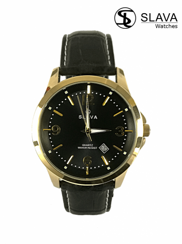Pánské černo-zlaté elegantní hodinky SLAVA s černým ciferníkem