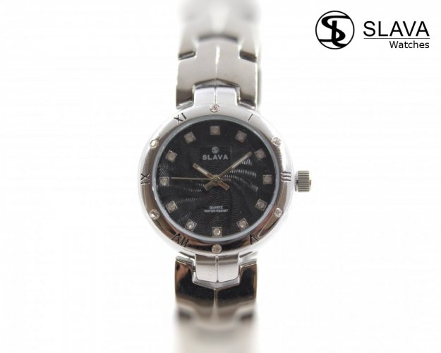 Dámské stříbrné hodinky SLAVA s černým ciferníkem SLAVA 10137