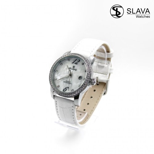 Dámské hodinky s kamínky Swarovski a bílým páskem SLAVA