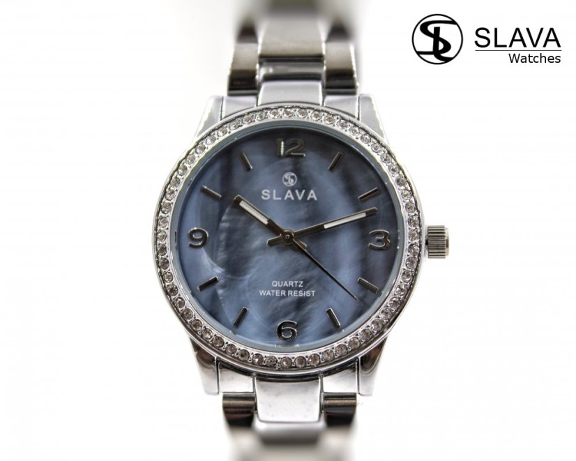 Dámské modro-stříbrné hodinky SLAVA s kamínky SWAROVSKI na pouzdře SLAVA 10160