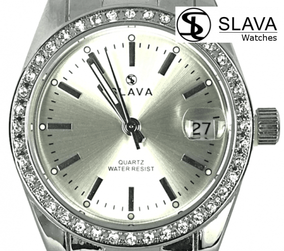 Dámské stříbrné hodinky SLAVA s lupou nad datem