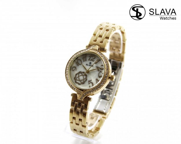 Dámské zlaté hodinky SLAVA s perleťovým bílým ciferníkem SLAVA 10140