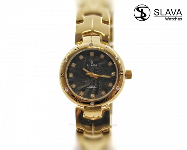 Dámské zlaté hodinky SLAVA s černým ciferníkem SLAVA 10137