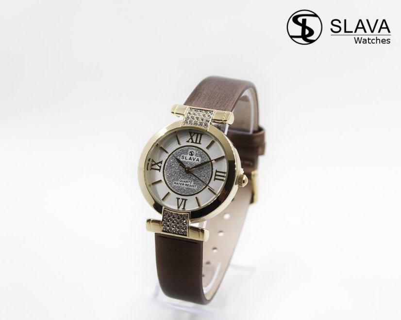 Dámské hodinky SLAVA s kamínky Swarovski a bronzovým páskem SLAVA 10054