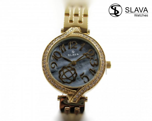 Dámské zlaté hodinky SLAVA s perleťovým modrým ciferníkem SLAVA 10140