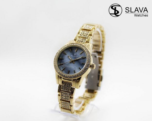 Dámské zlaté hodinky SLAVA vykládané kamínky Swarovski s modrým ciferníkem SLAVA 10065