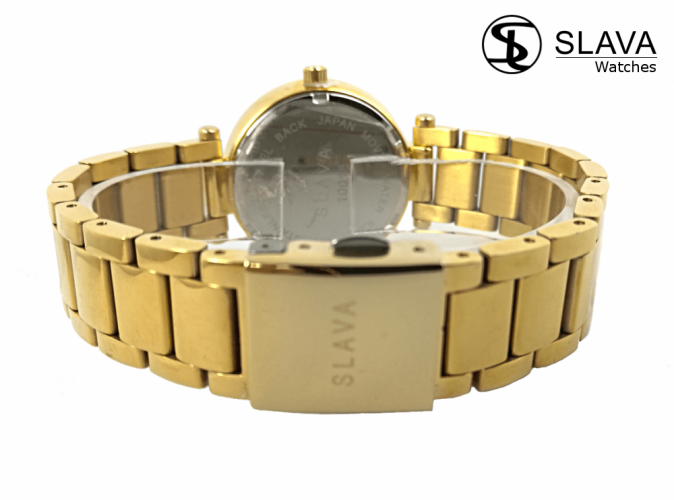 Dámské černo-zlaté hodinky SLAVA vykládané kamínky Swarovski
