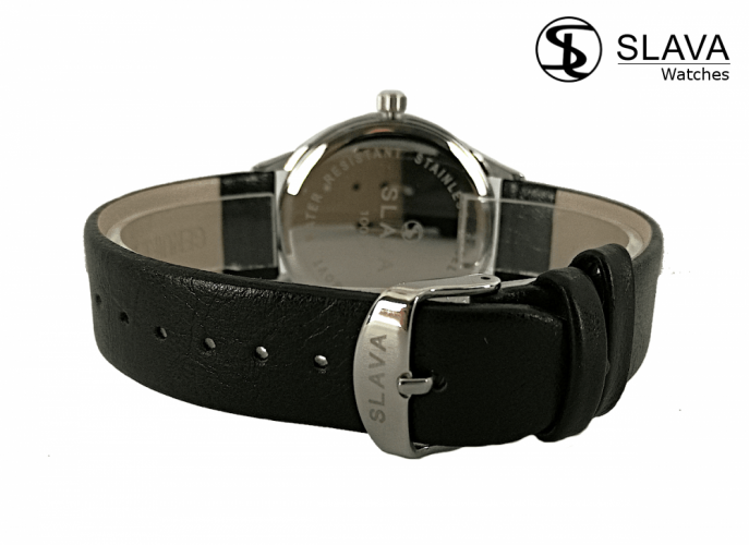 Pánské černé elegantní hodinky SLAVA se stříbrným ciferníkem
