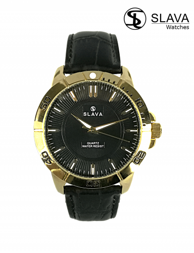 Pánské zlato-černé hodinky SLAVA s černým ciferníkem SL 10094