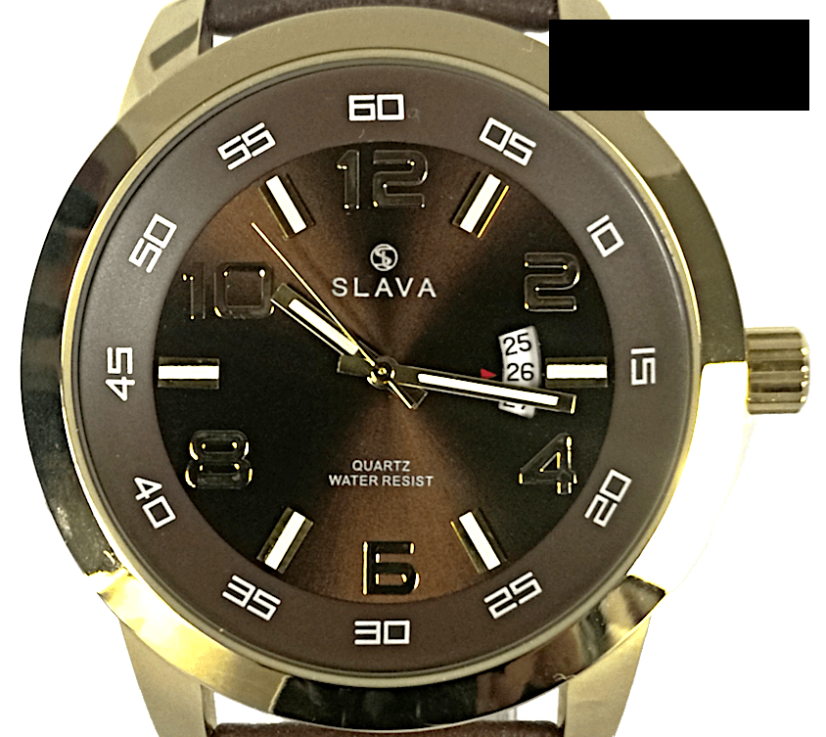 Pánské masivní hodinky SLAVA černo-zlaté s ciferníkem 49 mm a hnědým řemínkem