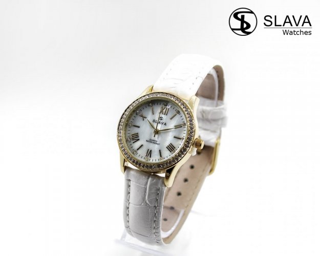 Dámské bílé hodinky SLAVA ve zlatém pouzdře s kamínky Swarovski SLAVA 10080