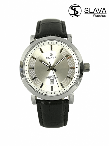 Pánské stříbrné elegantní hodinky SLAVA prošívaný kontrastní řemínek