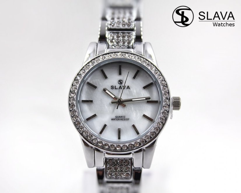 Dámské stříbrné hodinky SLAVA s kamínky SWAROVSKI na řemínku SLAVA 10065