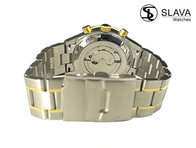 Pánské automatické hodinky s ocelovým stříbrno-zlatým řemínkem SLAVA