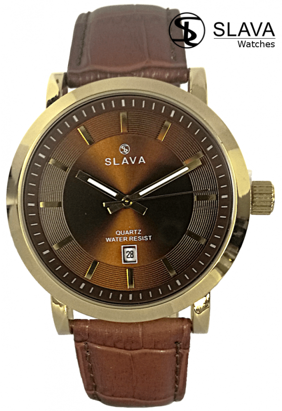 Pánské zlaté elegantní hodinky SLAVA prošívaný kontrastní řemínek