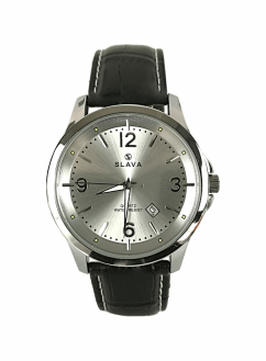 Pánské černé elegantní hodinky SLAVA se stříbrným ciferníkem
