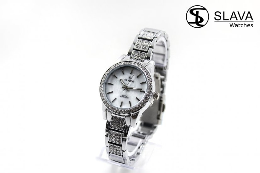 Dámské stříbrné hodinky SLAVA s kamínky SWAROVSKI na řemínku SLAVA 10065