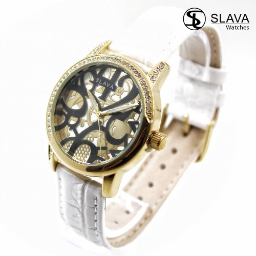 Dámské bílé hodinky ve zlatém pouzdře s retro ciferníkem SLAVA 10081