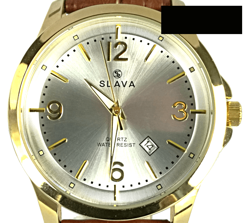 Pánské zlato-hnědé elegantní hodinky SLAVA se stříbrným ciferníkem
