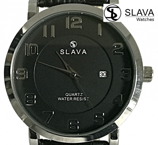 Pánské černo-stříbrné elegantní hodinky SLAVA s ukazatelem data