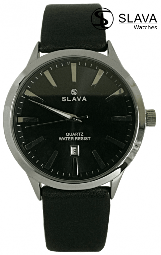Pánské černé elegantní hodinky SLAVA se stříbrným ciferníkem