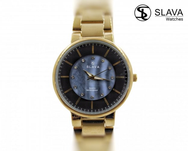 Dámské zlaté hodinky SLAVA s modro-černým ciferníkem SLAVA 10136