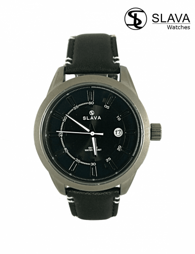 Pánské sportovně elegantní hodinky SLAVA s velkým černým ciferníkem