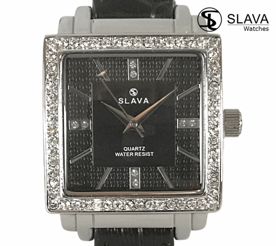 Dámské elegantní hodinky s hranatým pouzdrem SLAVA a černým řemínkem